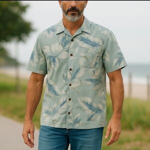 Vintage Tommy Bahama Tropical Floral Print Silk Shirt  Hawaiian Blue Grey Men L